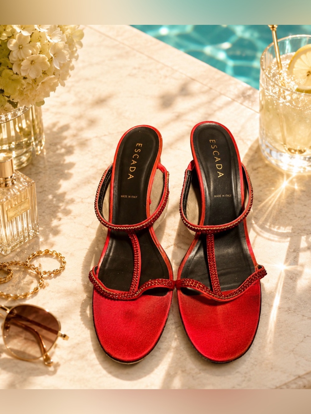 Escada EUR 39.5 Rhinestone candy apple red sandal slipper made in Italy